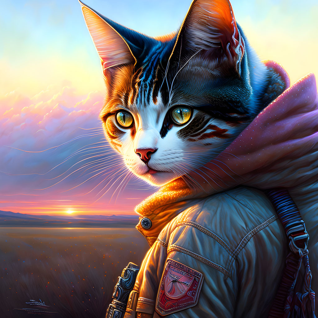 Detailed cat illustration with human-like eyes in bomber jacket and scarf against vibrant sunset