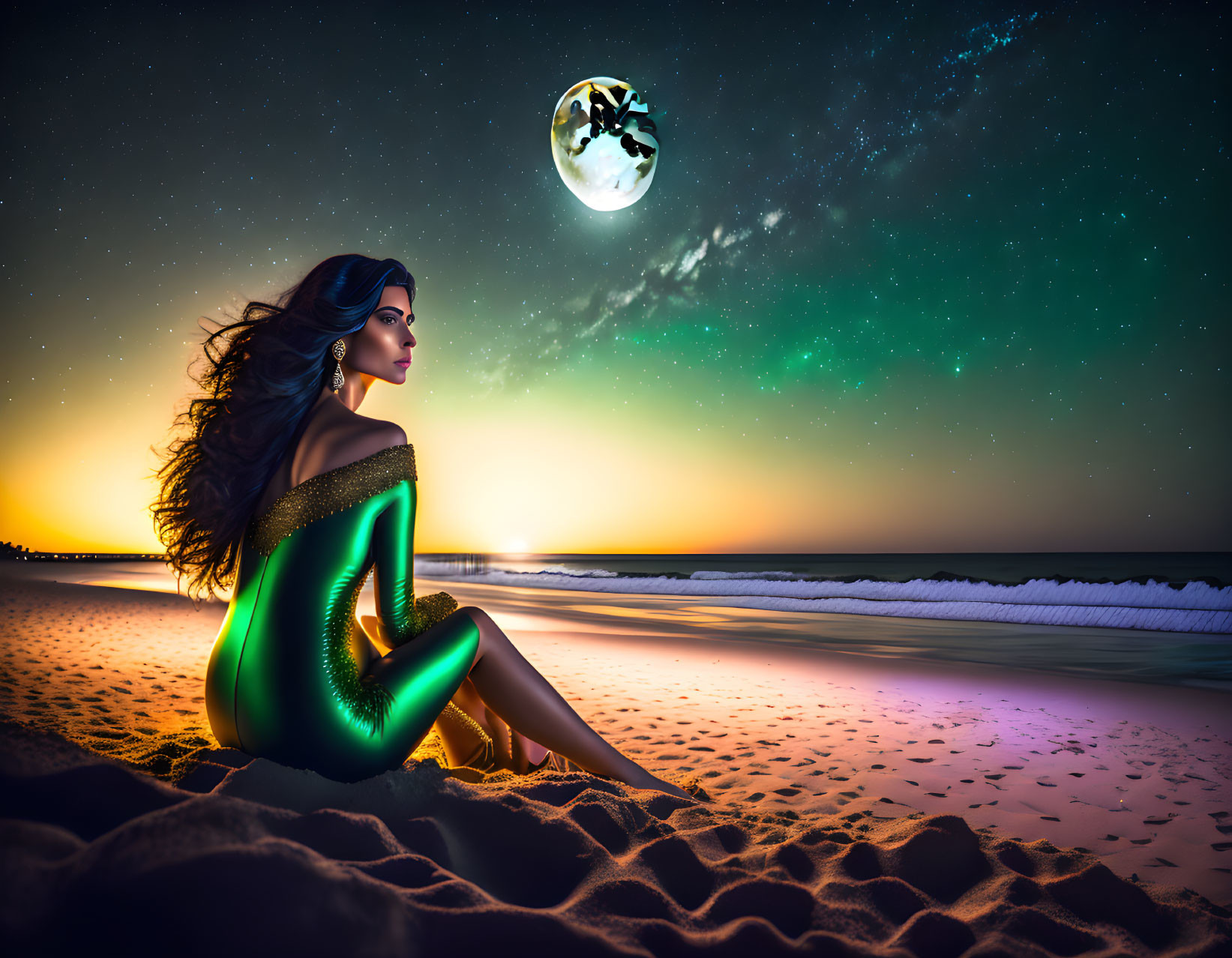 Mermaid on beach at sunset with Earth rising above the horizon