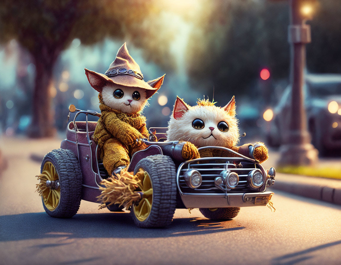 Two cats in outfits ride toy car at sunset