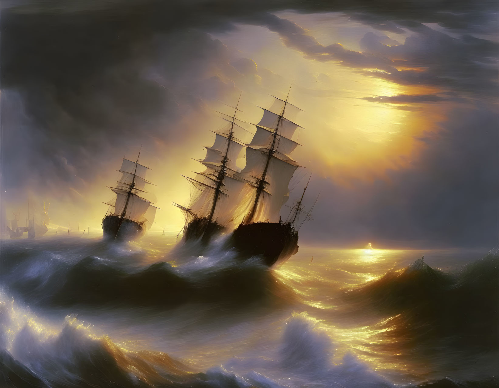 Sailing ships on stormy seas under dramatic sky