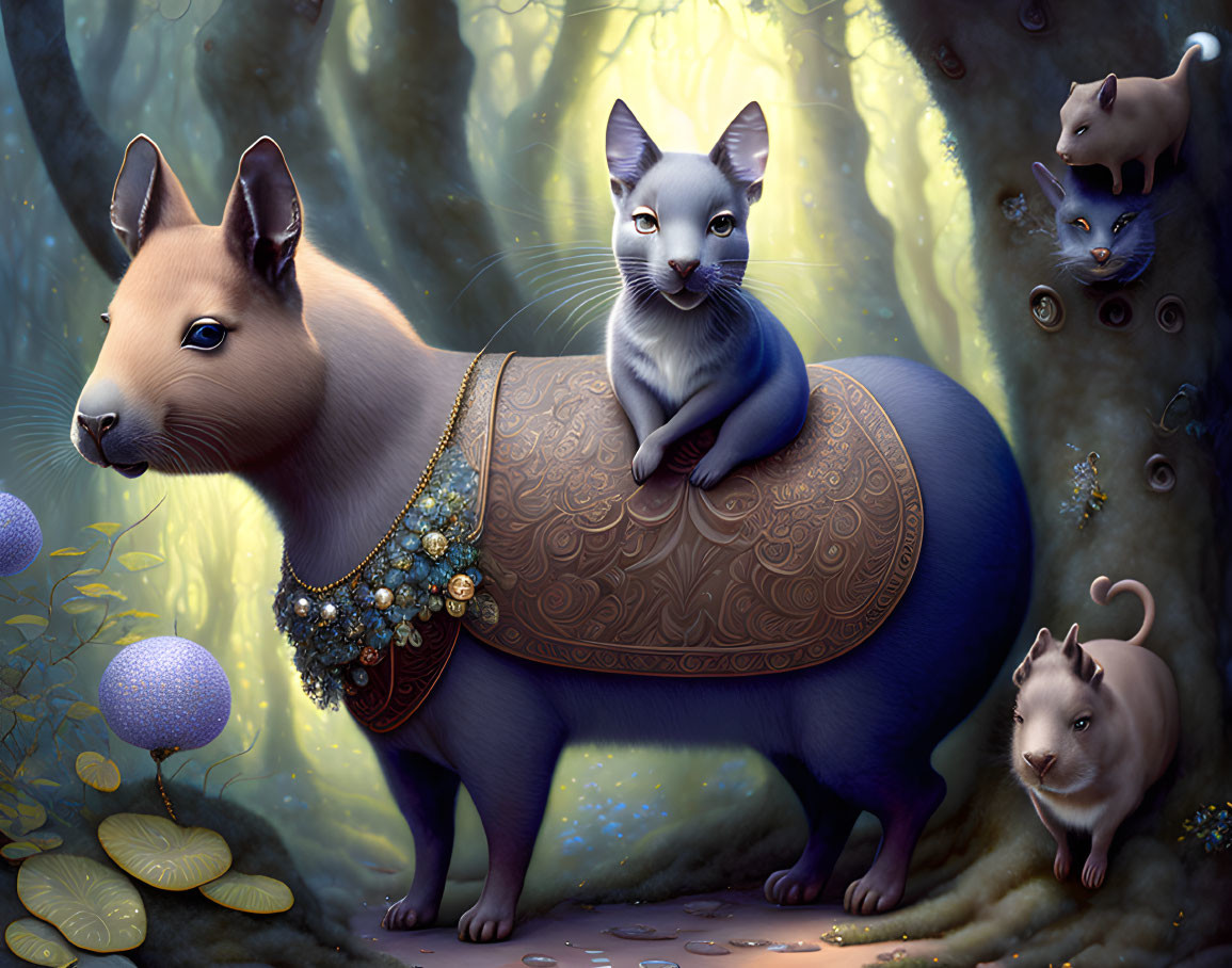 Majestic capybara with golden tack and blue-grey felines in mystical forest