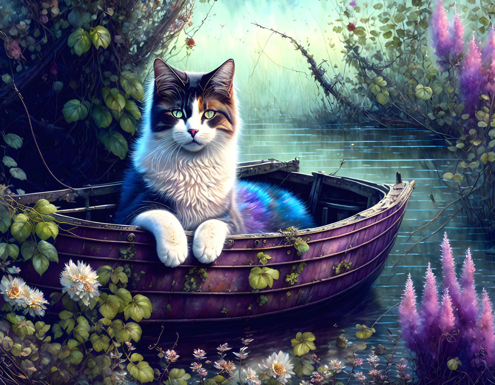 Calico Cat Relaxing in Purple Boat Among Blooming Flowers