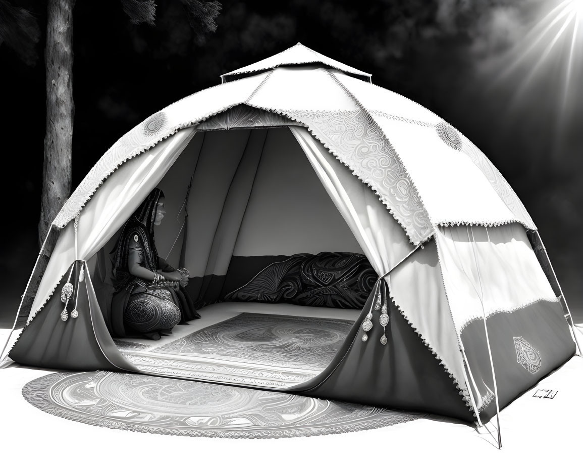 Stylish tent with intricate patterns under tree shade