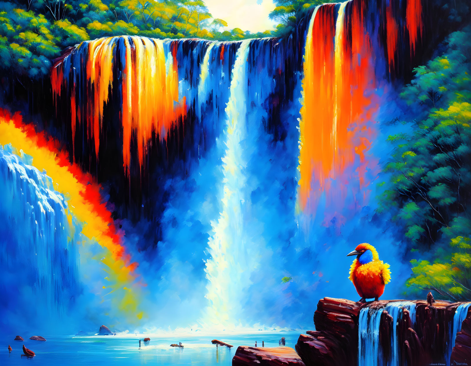 Colorful waterfall painting with bird perched on rock