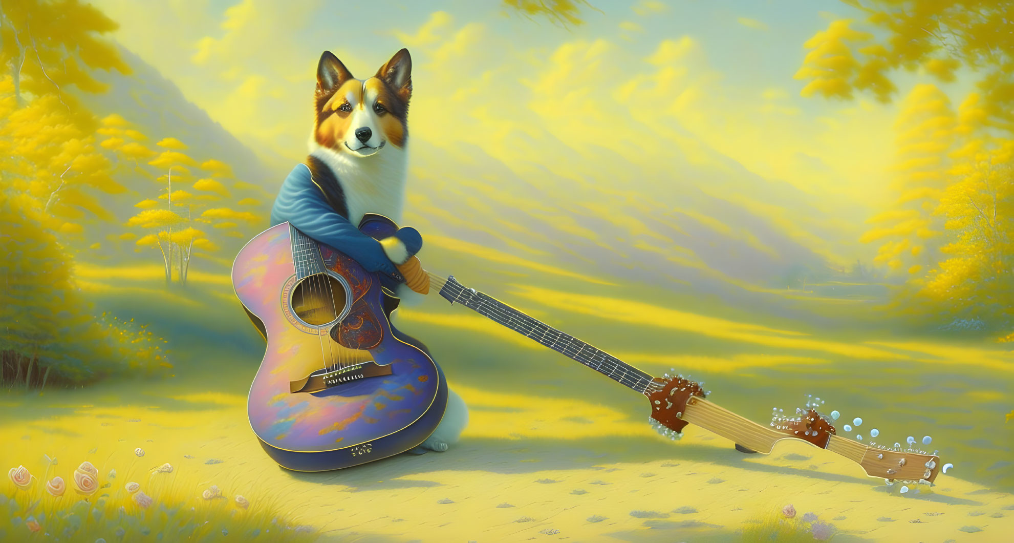 Anthropomorphic dog in casual clothing plays guitar in whimsical meadow