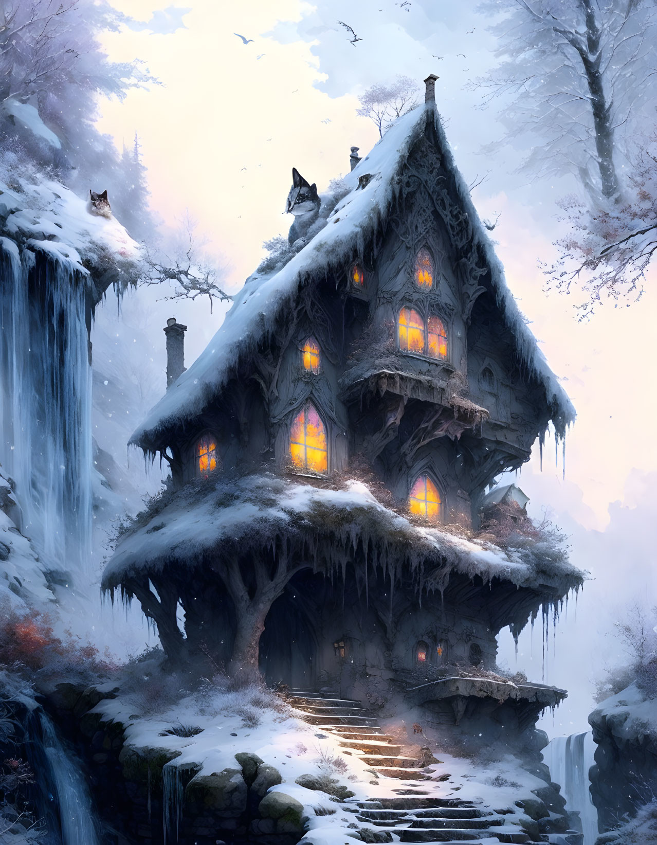 Enchanting winter landscape with fairytale cottage, icy waterfalls, and wolves