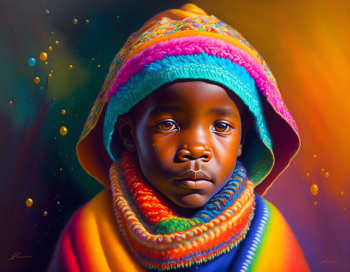 Child with deep brown eyes and dark skin in colorful knitted hat and scarf on warm bokeh-l