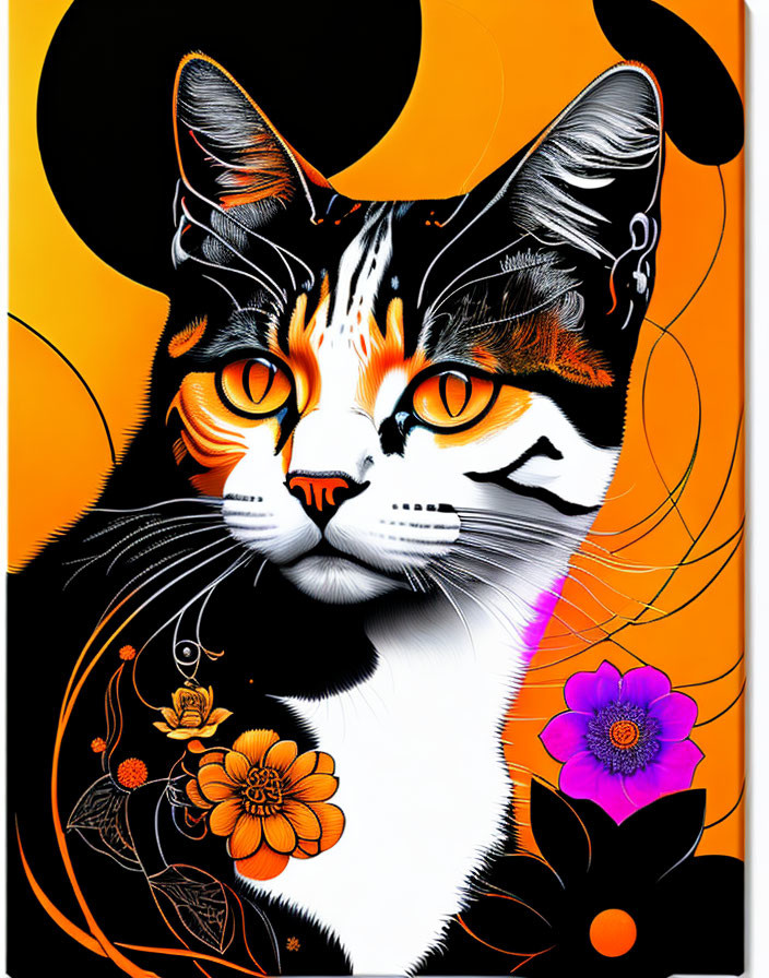 Stylized black, white, and orange cat illustration on yellow background with floral motifs