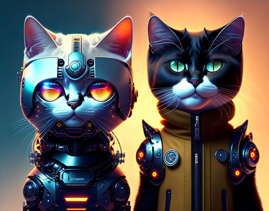 Stylized futuristic robot cat and natural cat with jacket against warm backdrop