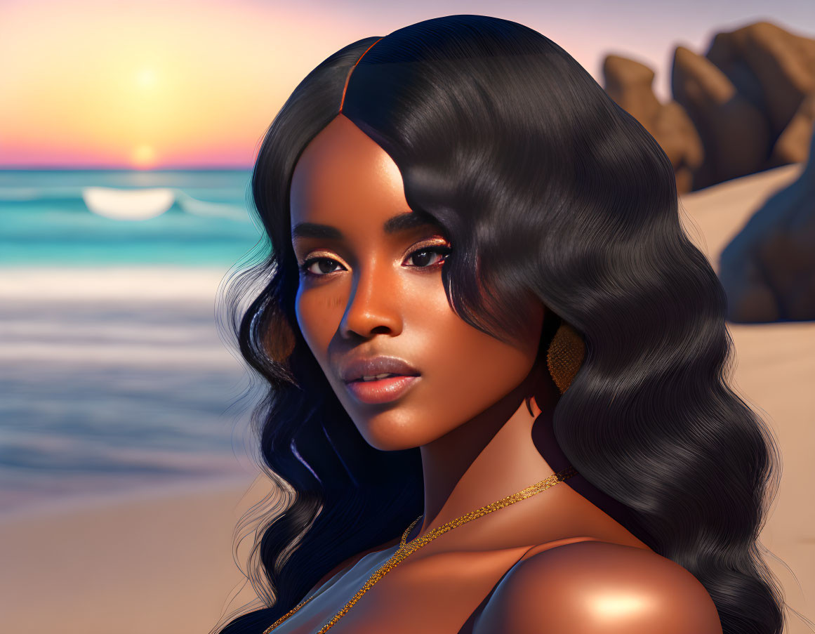 Woman with Wavy Hair and Golden Jewelry on Beach at Sunset