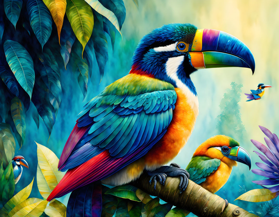 Colorful Toucan on Branch with Birds in Lush Foliage