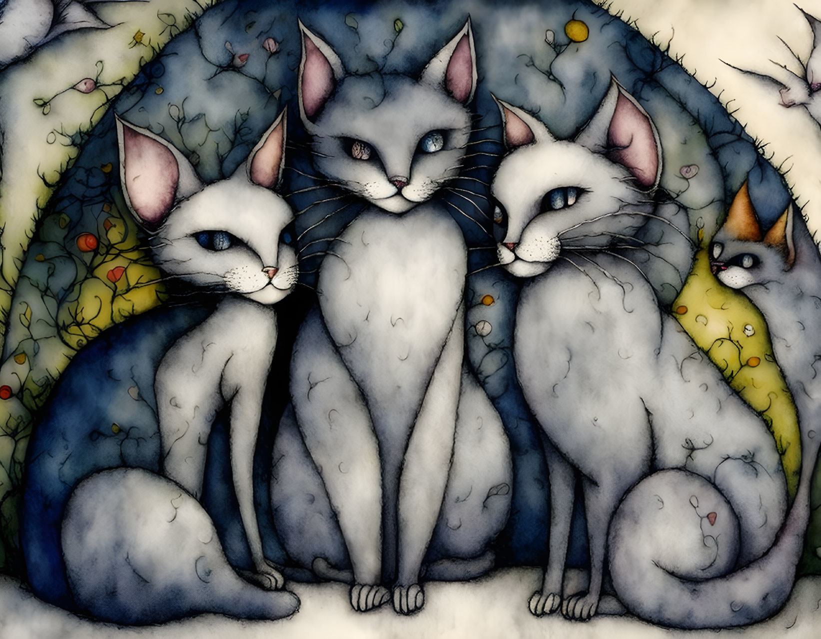 Whimsical illustration featuring four stylized cats with prominent eyes and subtle floral background