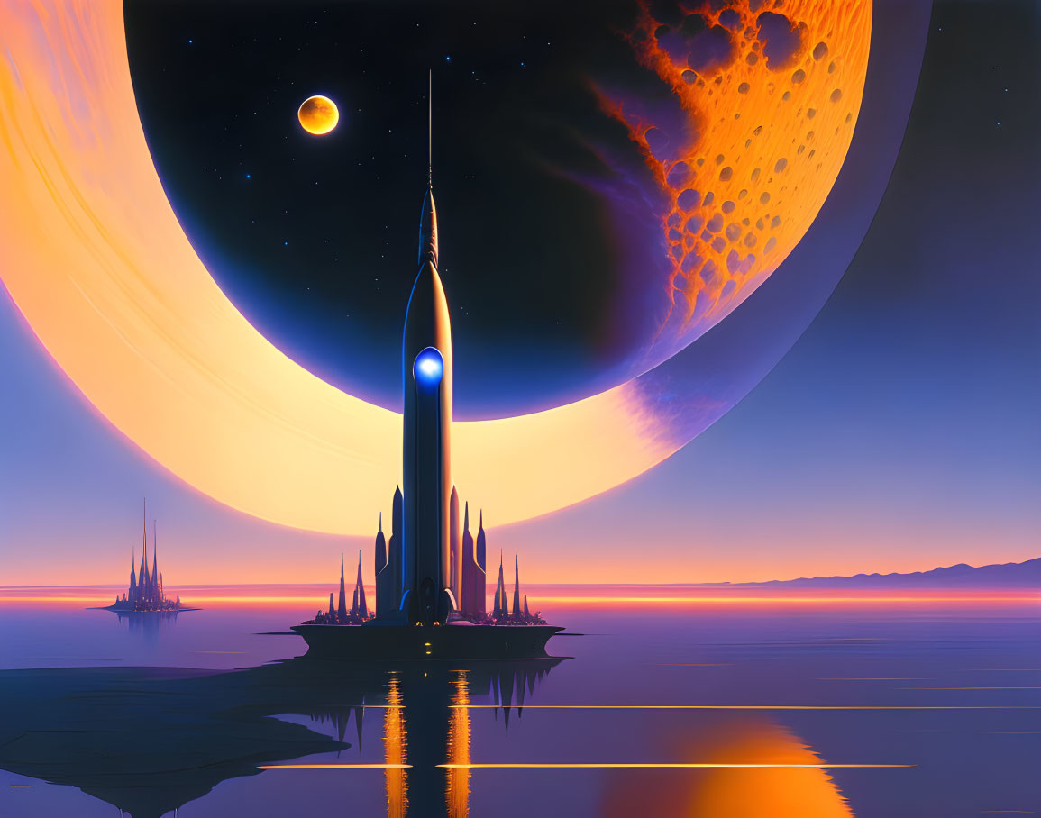 Futuristic city skyline with tower and spires by alien planet and moon