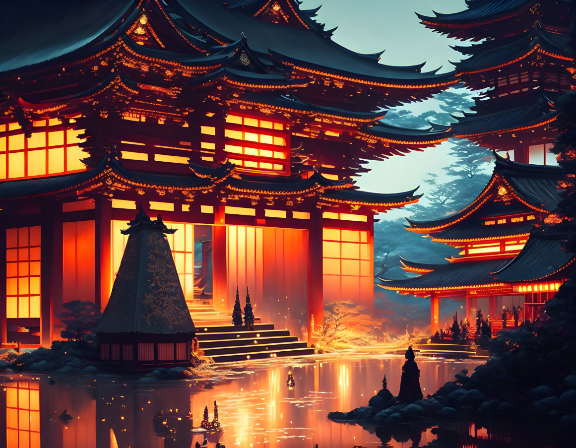 Ethereal digital artwork of serene Japanese temple at twilight