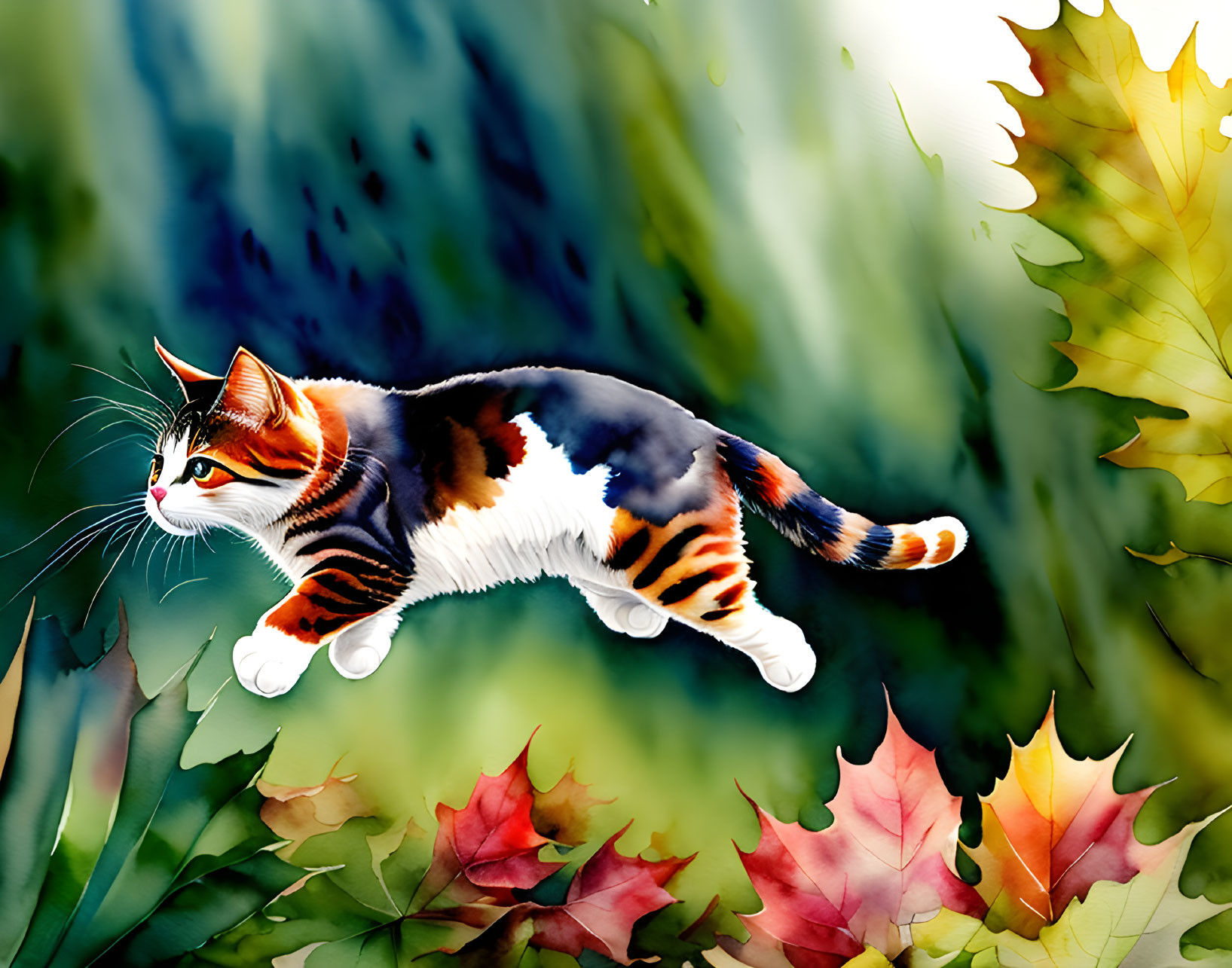 Colorful Calico Cat Walking Among Autumn Foliage