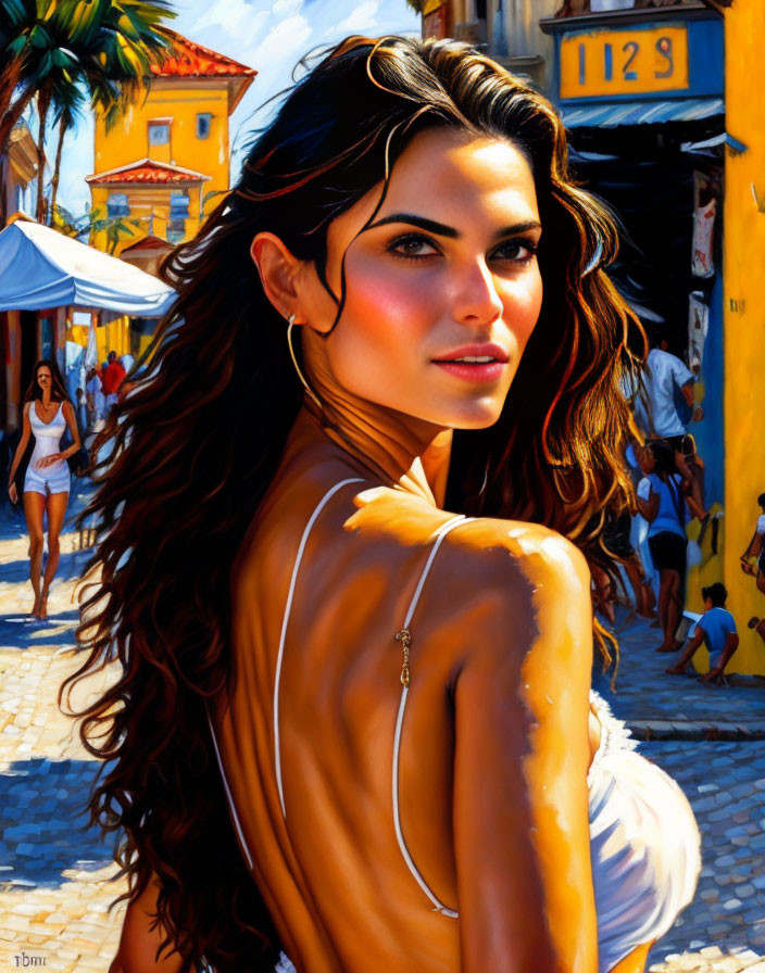 Dark-haired woman gazes over shoulder in vibrant street scene.