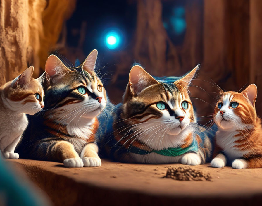 Four Cats with Striking Eyes in Cave-Like Setting with Blue Light