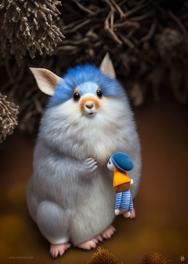 Chubby hamster-like creature with hedgehog face holding tiny human figure