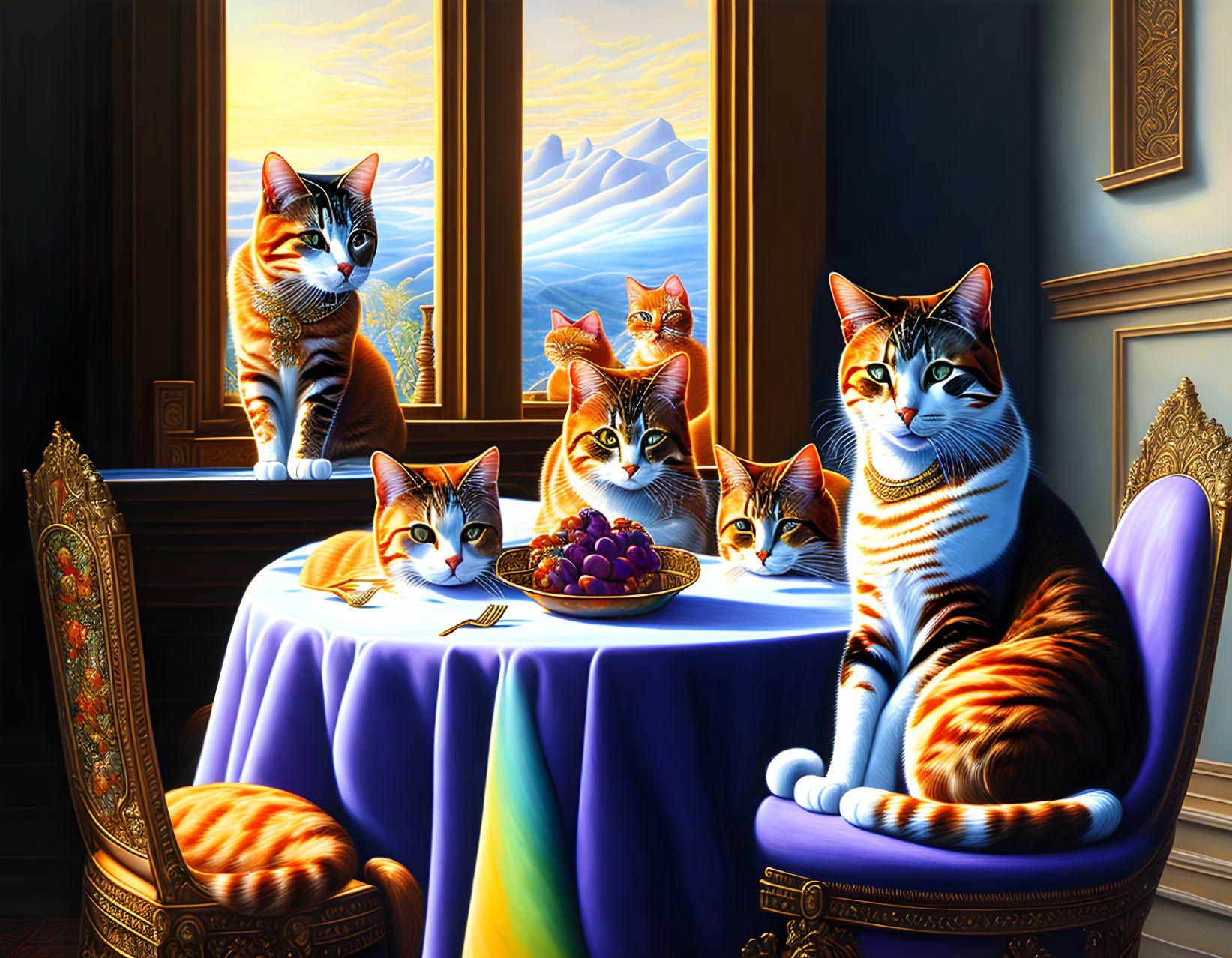 Cats at table with fruit in regal setting with snowy mountain view