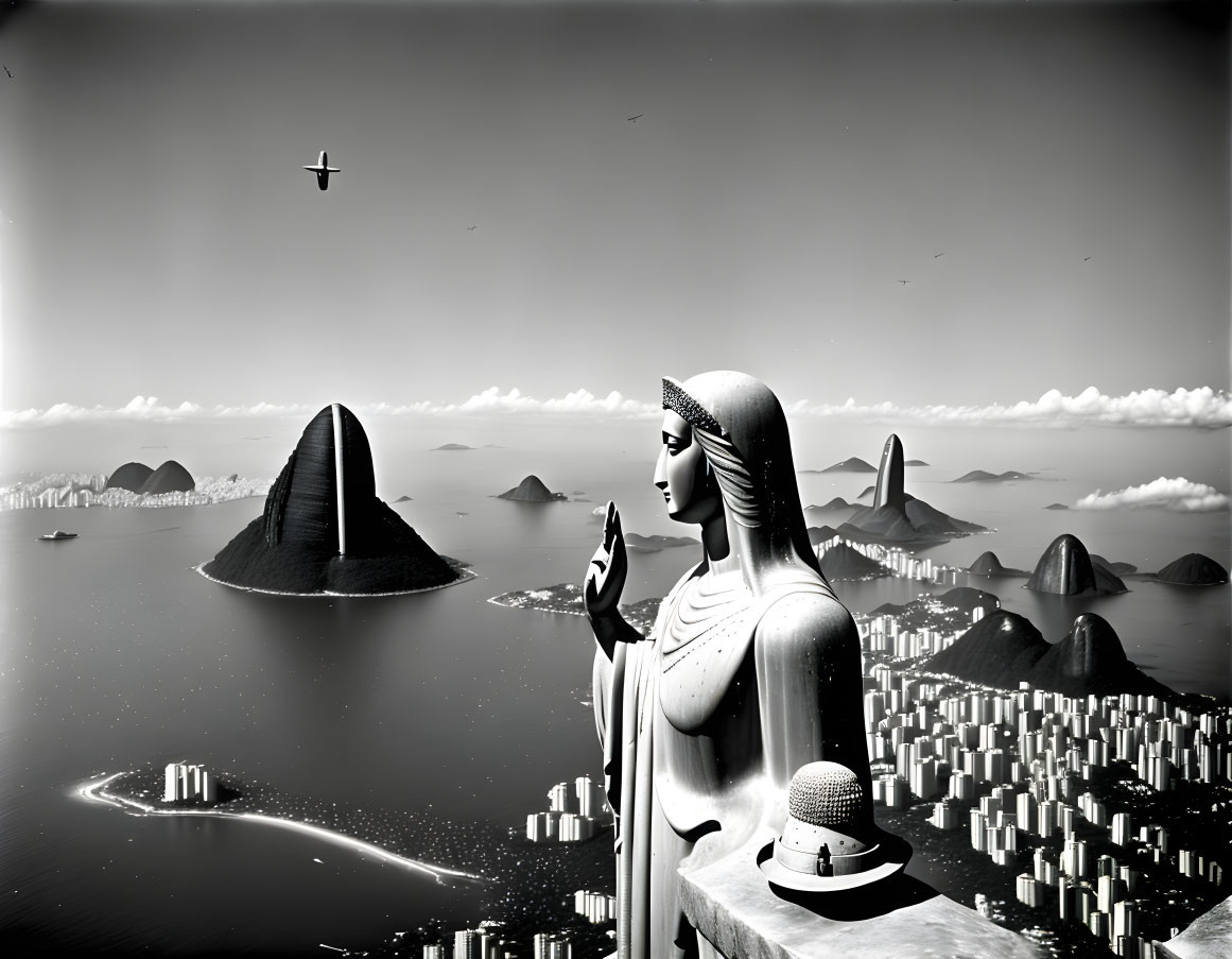 Monochrome Christ the Redeemer statue overlooking Rio de Janeiro and Sugarloaf Mountain with cityscape and