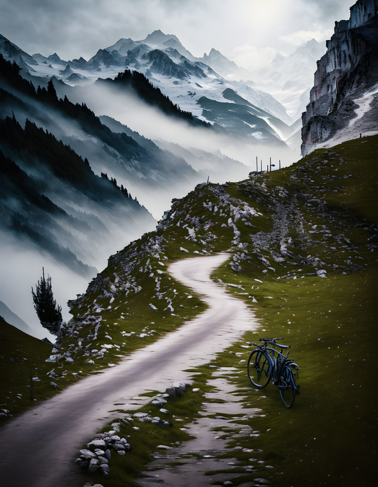 Mountain path descends into misty valley with bicycle resting nearby