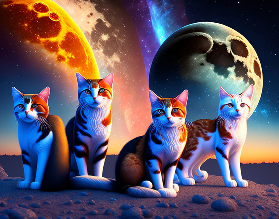 Four Cats with Cosmic Fur Patterns Against Space Backdrop