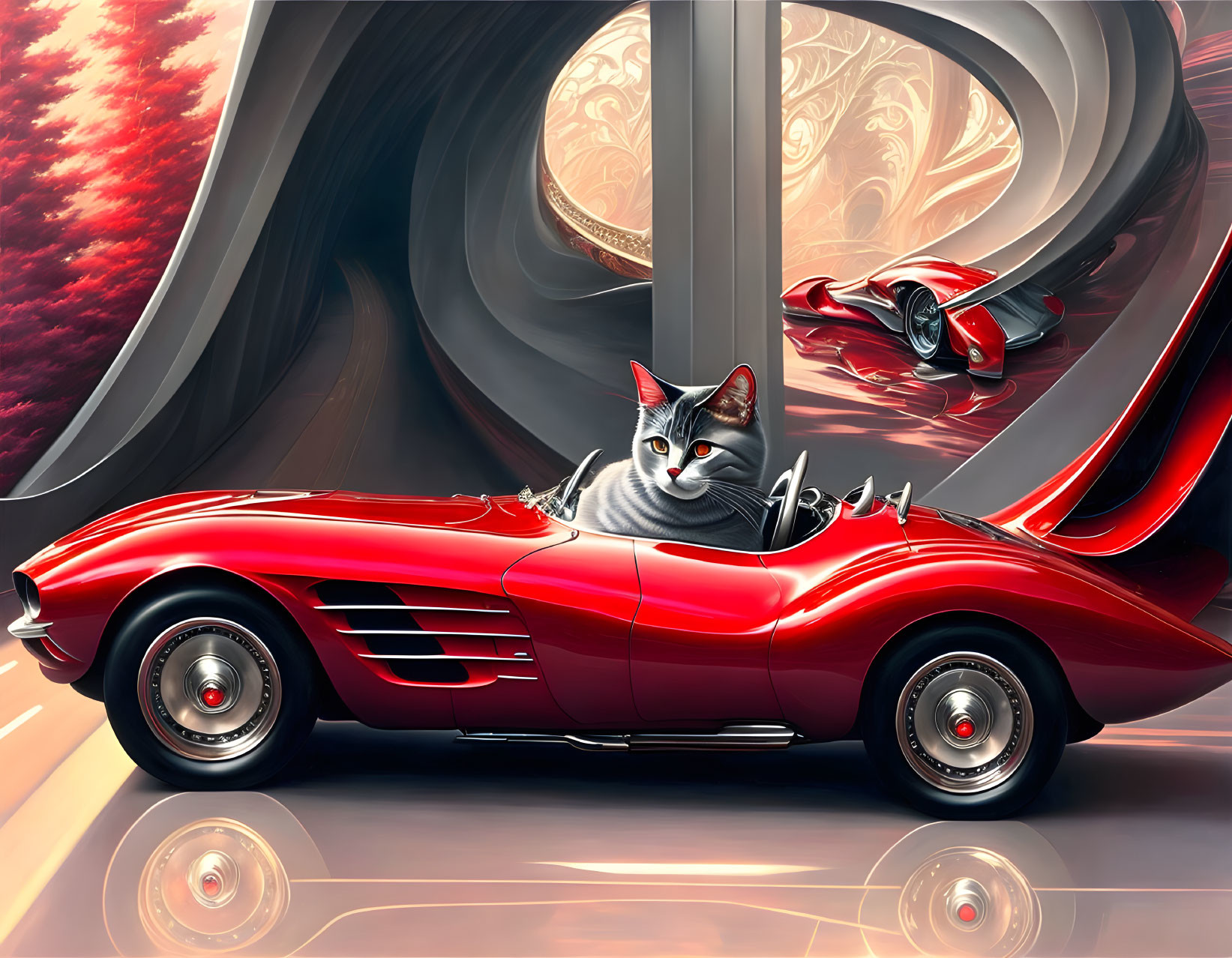 Cat in red vintage convertible with futuristic cityscape & swirling patterns.