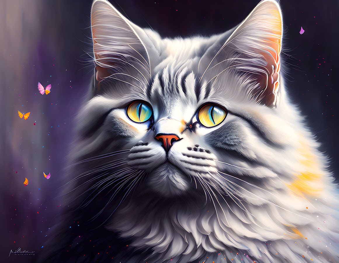 Detailed illustration of majestic long-haired cat with blue eyes in cosmic setting with butterflies.