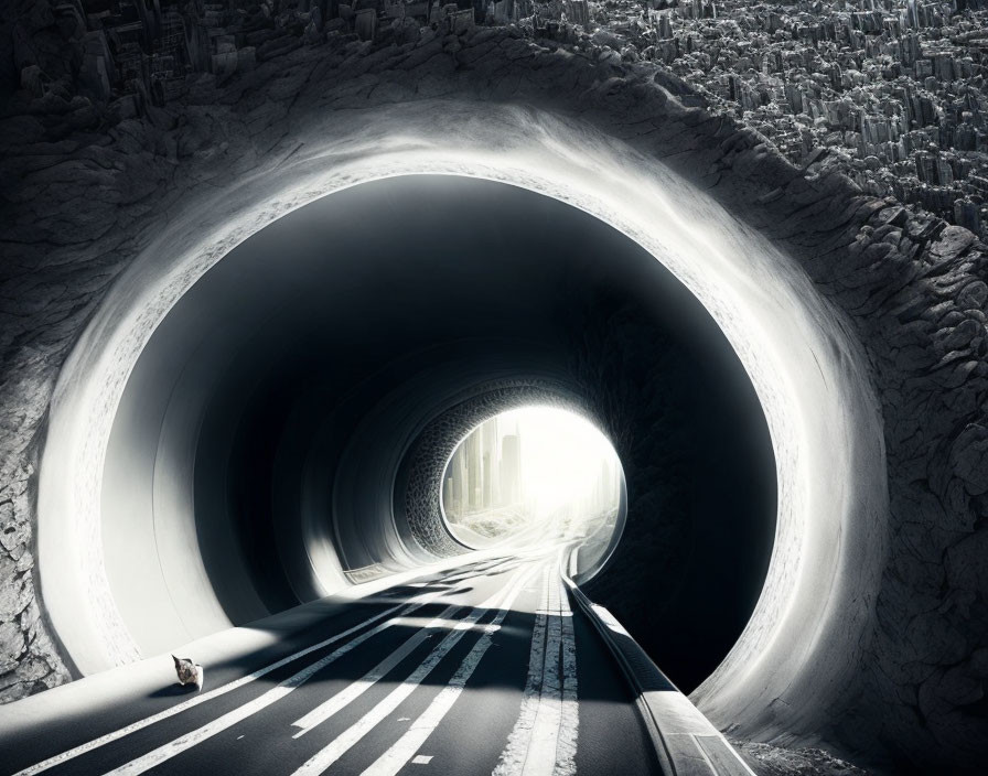 Mountain tunnel road leading to light surrounded by rugged rocks