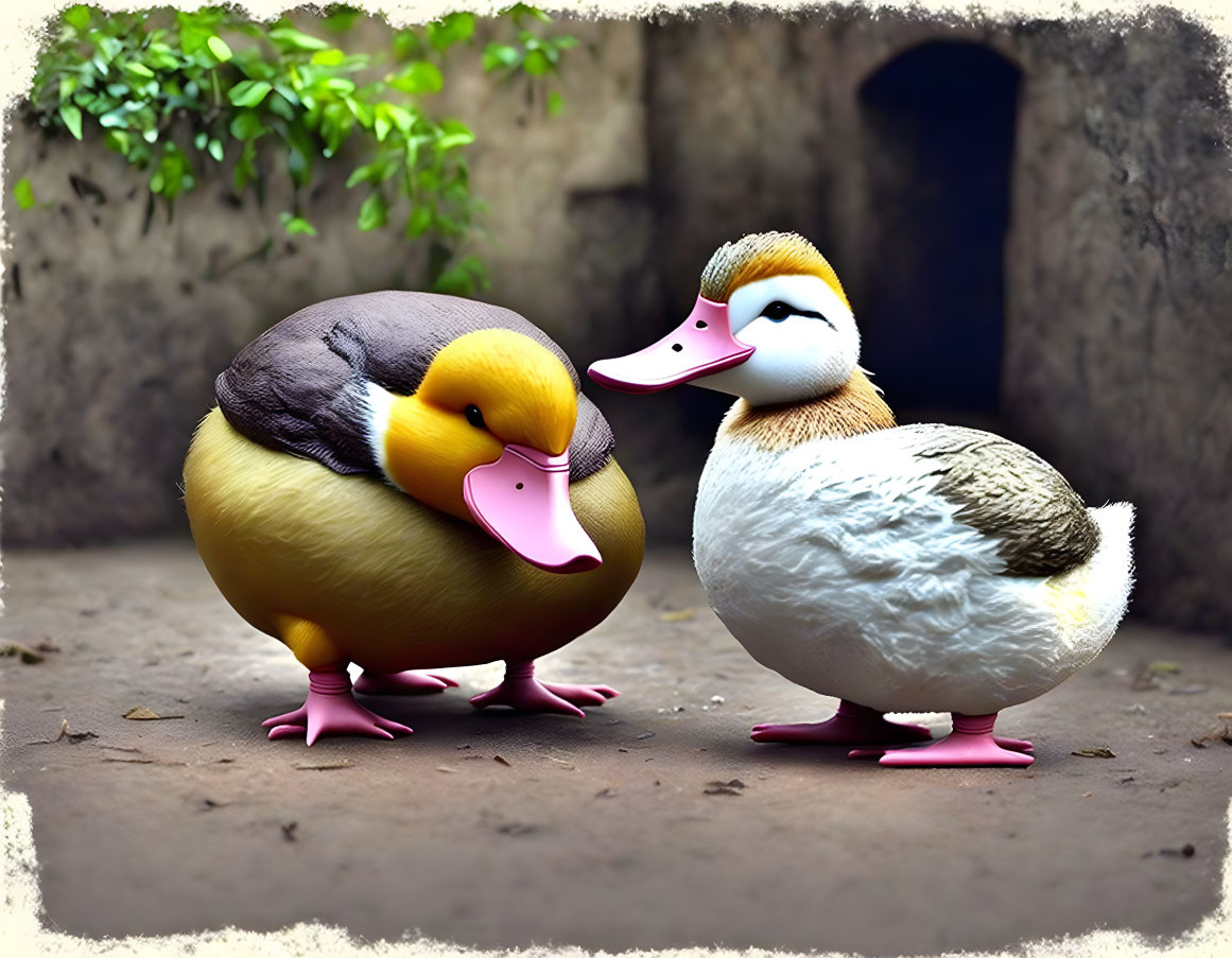 Plump Cartoon Ducks on Stone Surface with Greenery