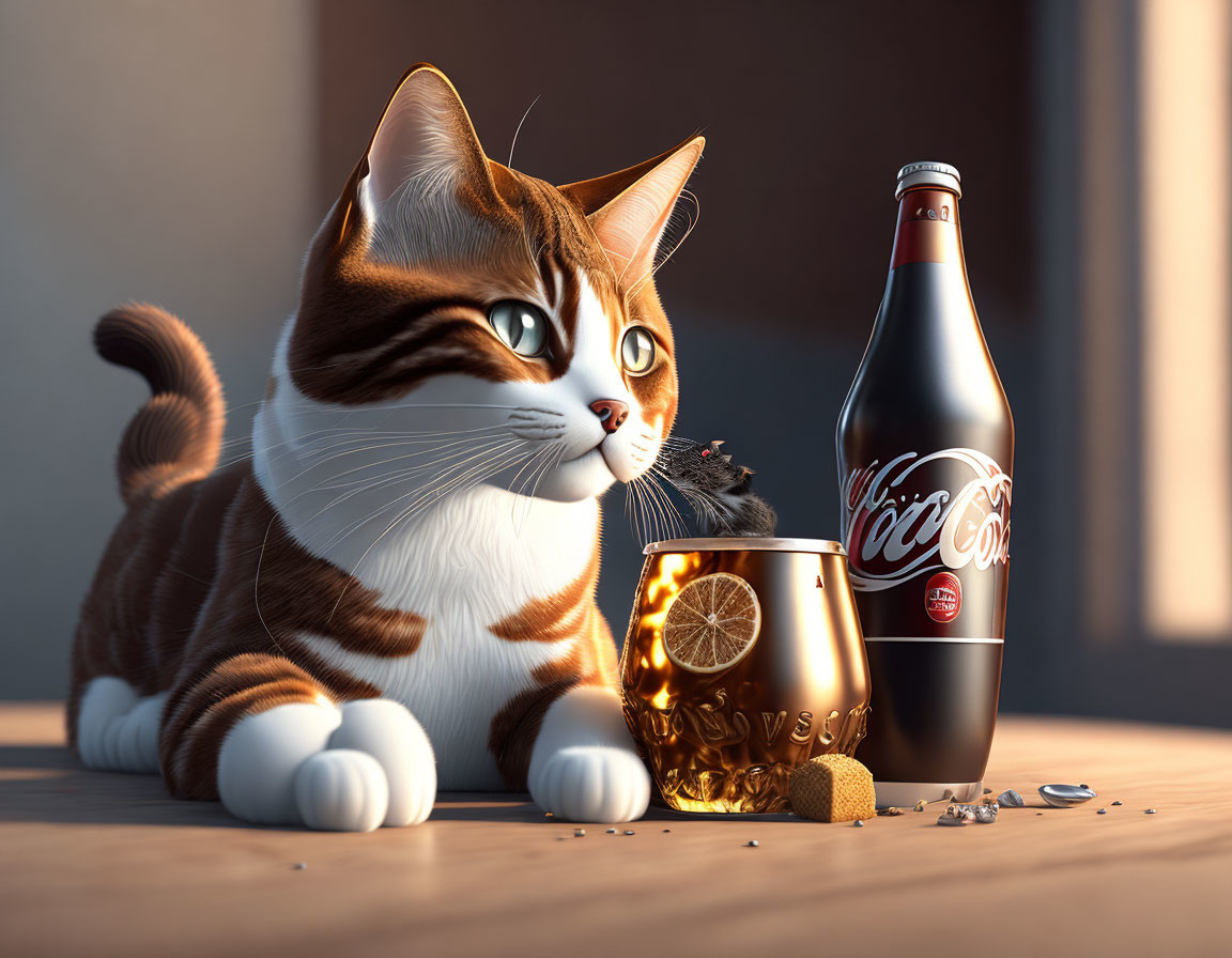 3D-rendered cat with Coca-Cola bottle, lemon cup, cookie, and crumbs