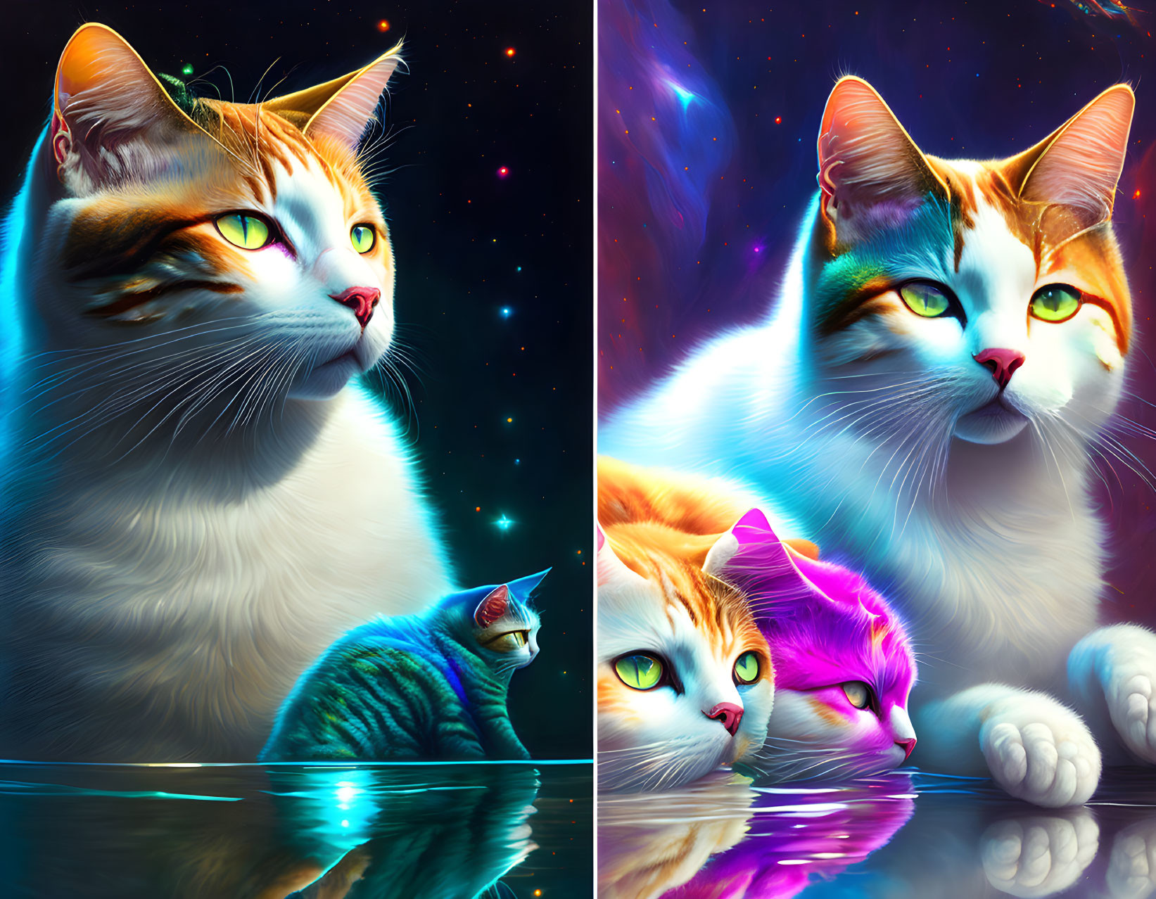 Photorealistic digital art of cats in cosmic setting