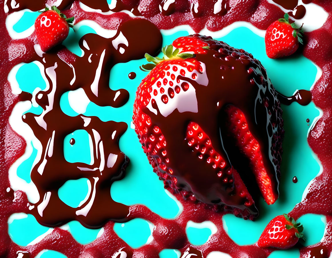 Fresh strawberries with chocolate sauce on turquoise background: vibrant red, brown, and blue hues