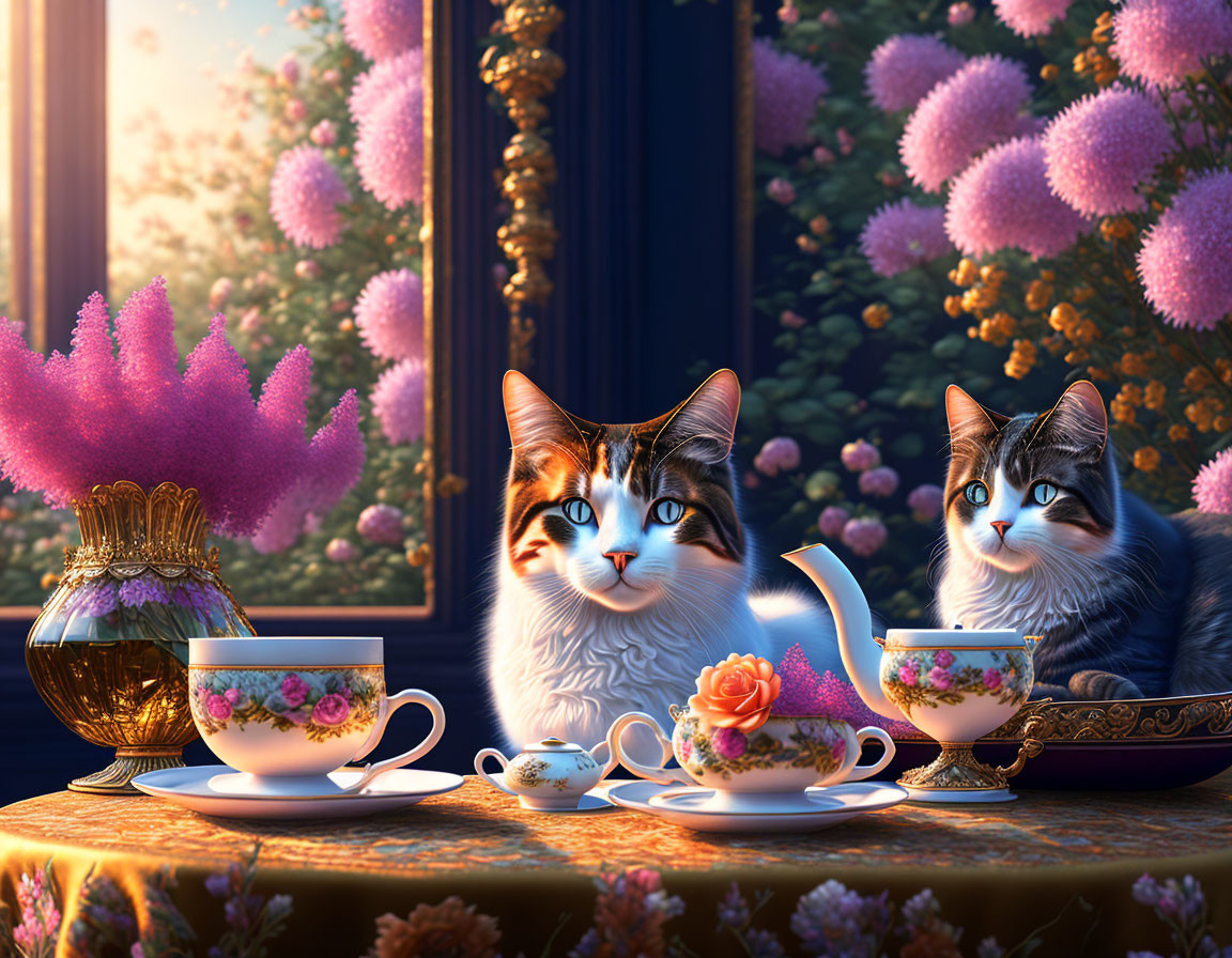 Two Cats at Table with Tea Cups and Teapot in Floral Setting