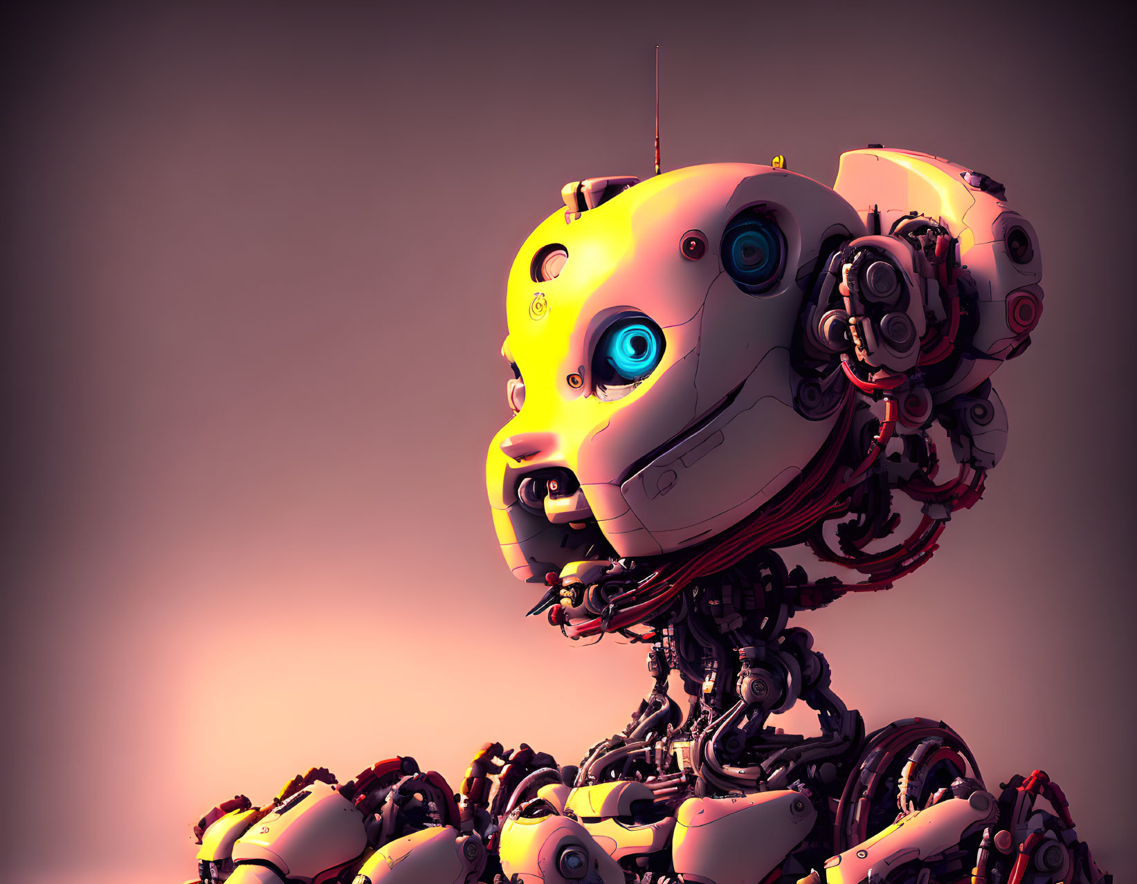 Detailed Colorful Robot with Humanoid Face on Neutral Background