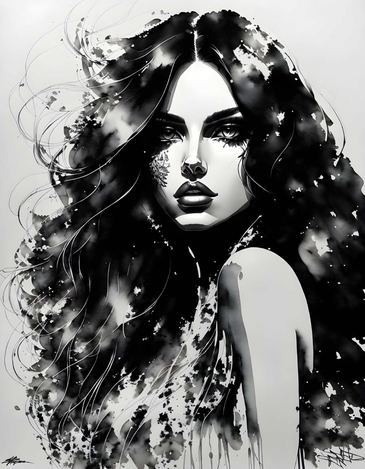 Monochrome artistic illustration of a woman with voluminous hair and intense gaze