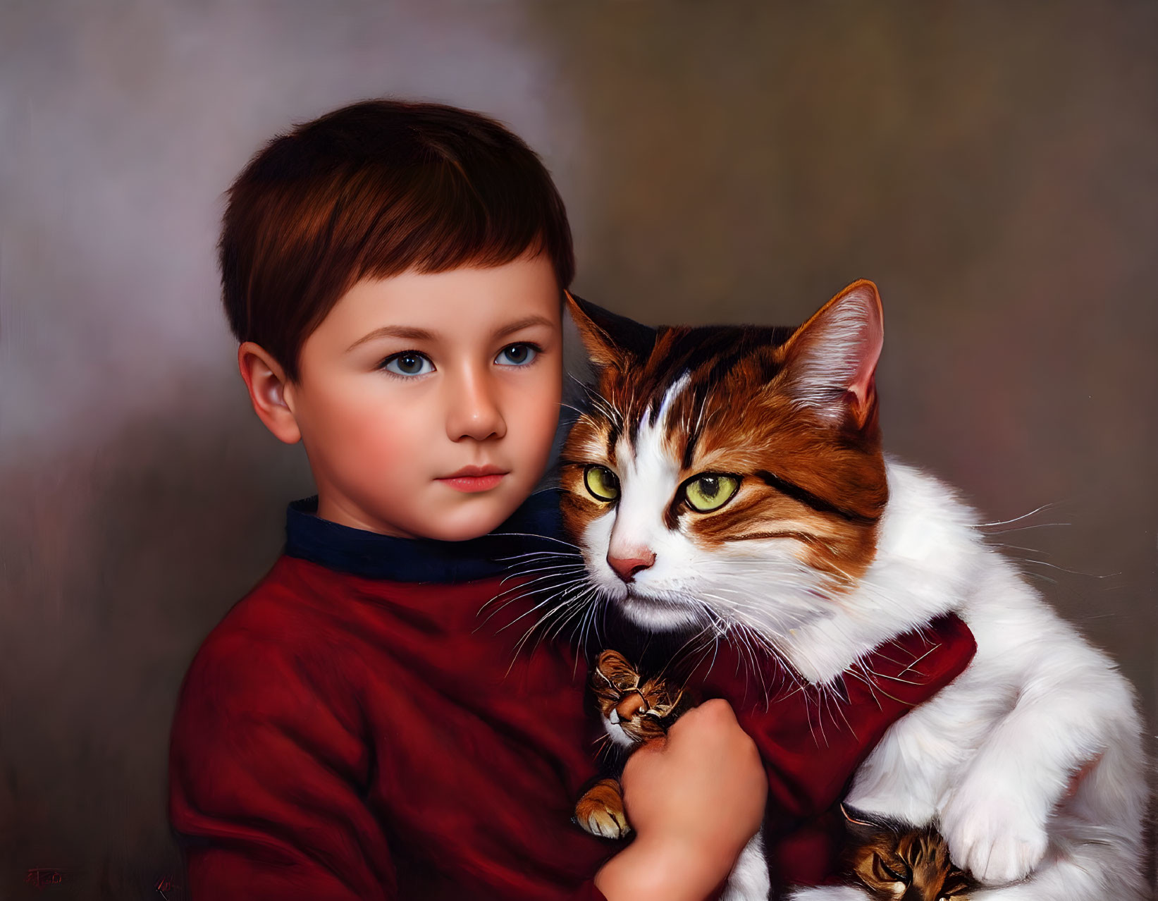 Child with Short Brown Hair Holding Calico Cat on Brown Background