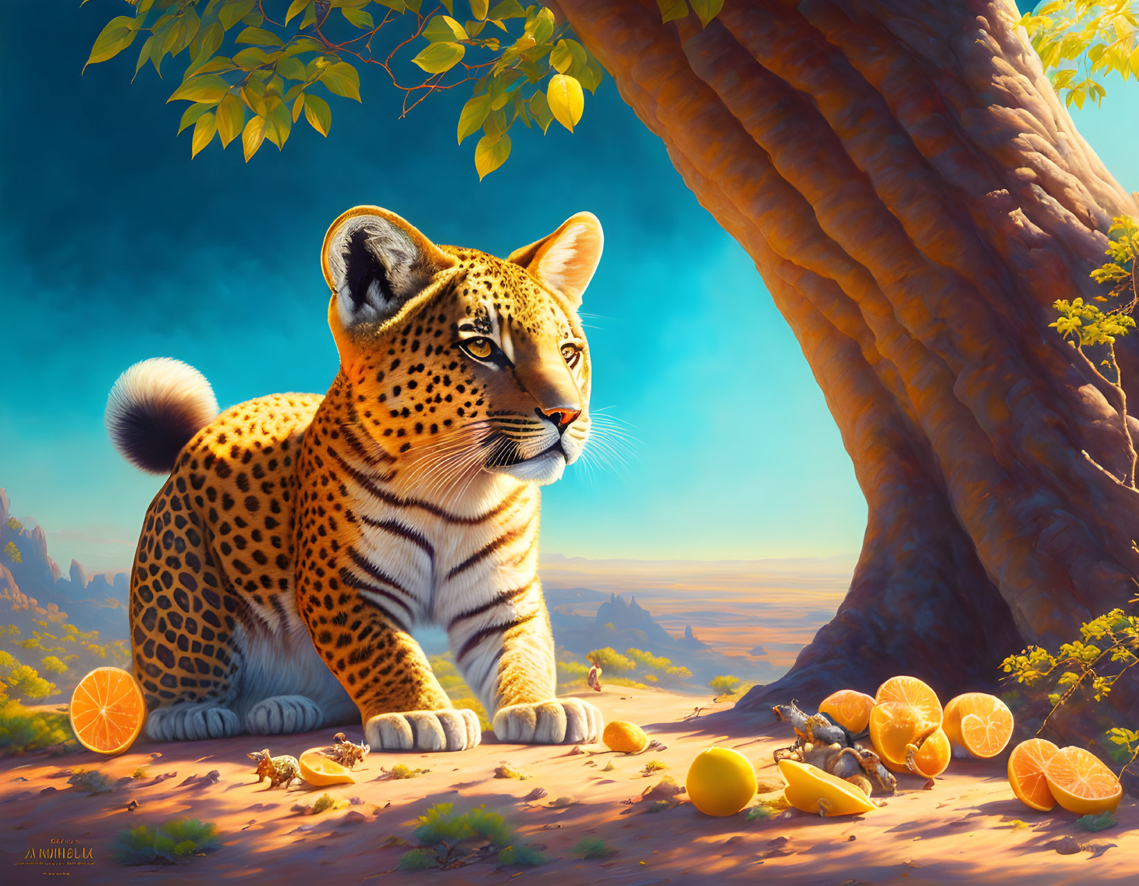 Leopard resting under tree with orange slices in serene landscape