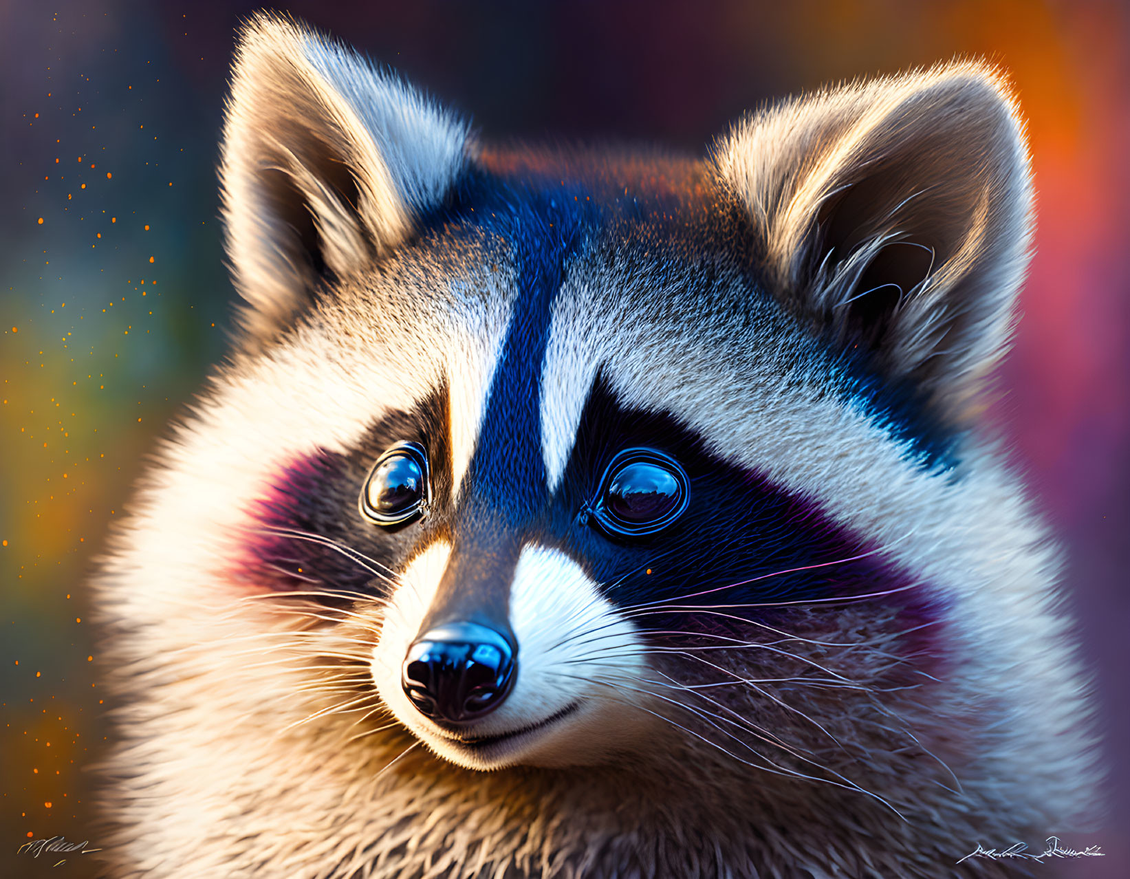 Colorful Illustration of Raccoon with Blue Eyes & Detailed Fur on Bokeh Background