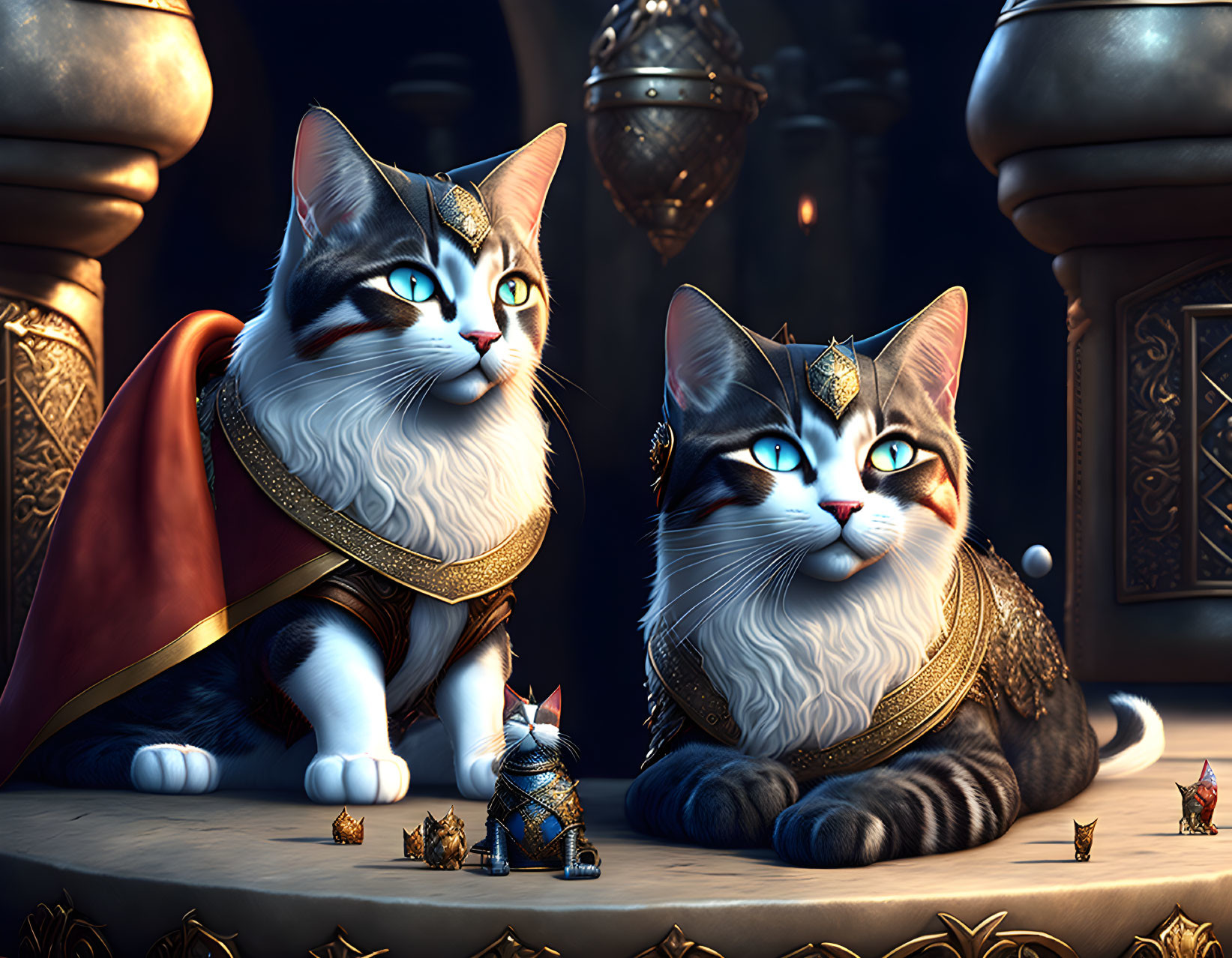 Regal cats in royal attire with miniature knight in opulent setting