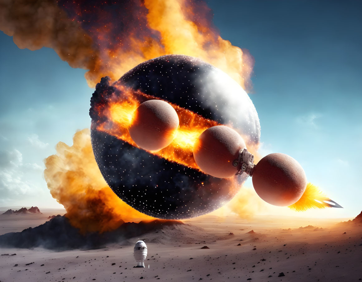 Surreal artwork: Eggs as celestial bodies in desert scene