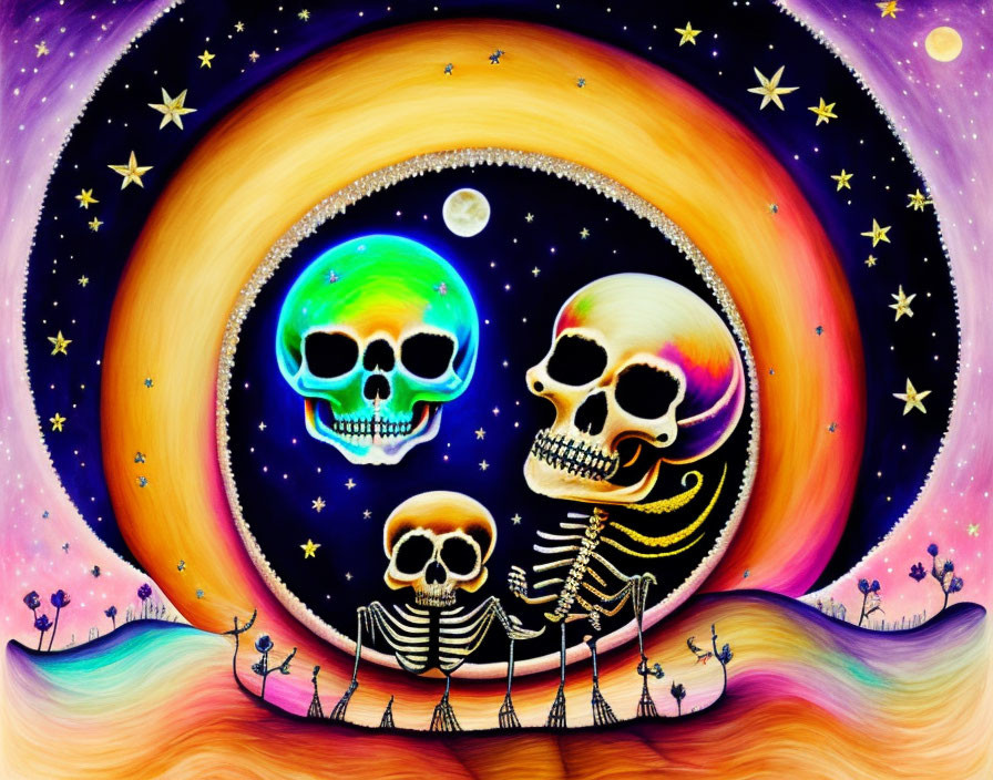 Surreal artwork: Skeleton figures, skulls in cosmic scene