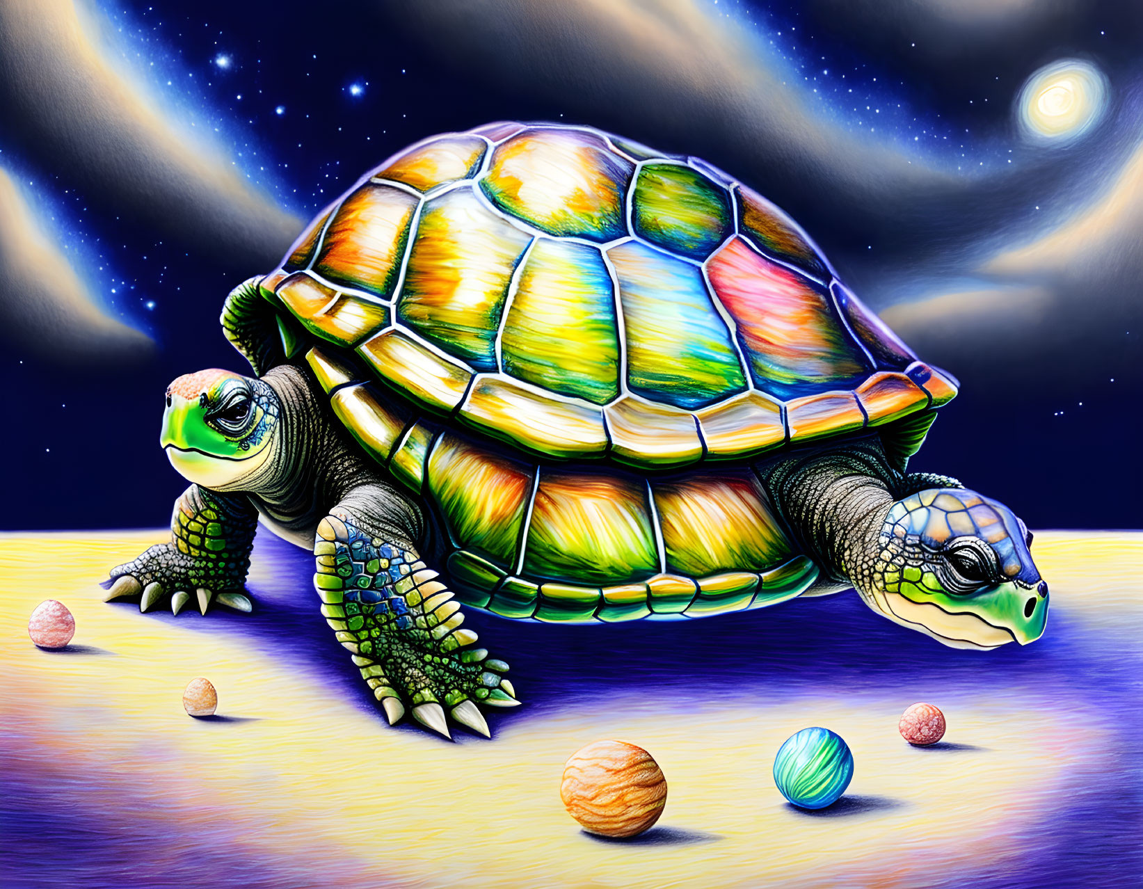 Colorful Turtle Illustration on Reflective Surface with Starry Night Sky Background