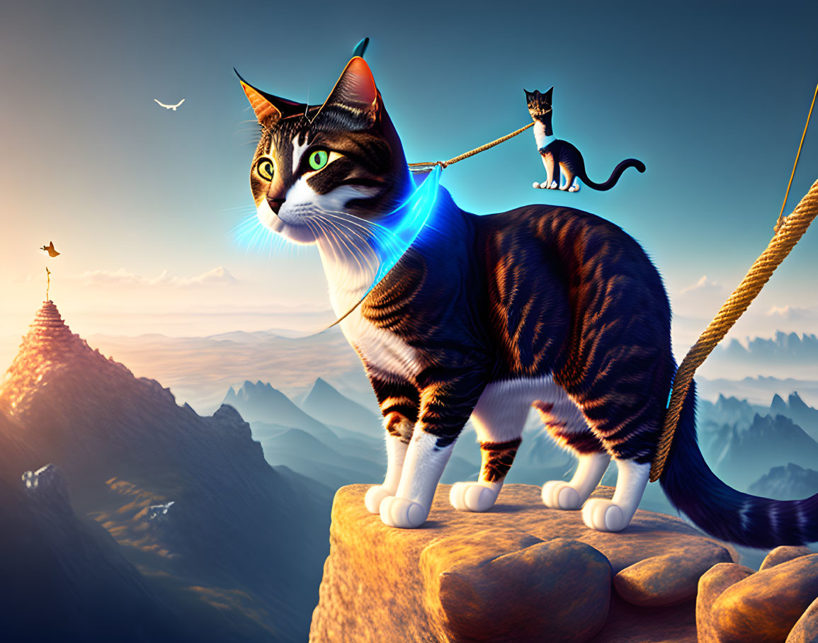 Fantastical image of two cats on cliff at sunset