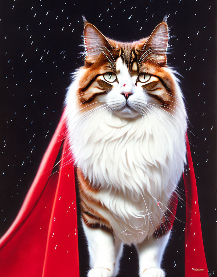 Majestic cat with white and brown fur in red cape on starry black backdrop