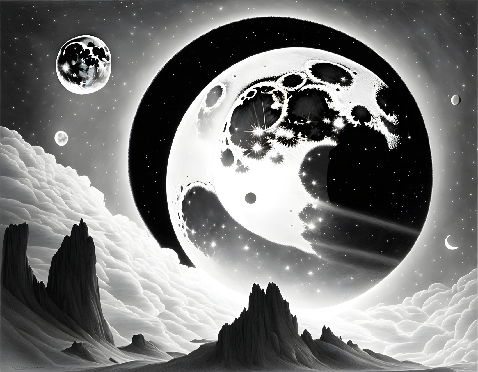 Monochrome landscape with oversized moons and rocky spires