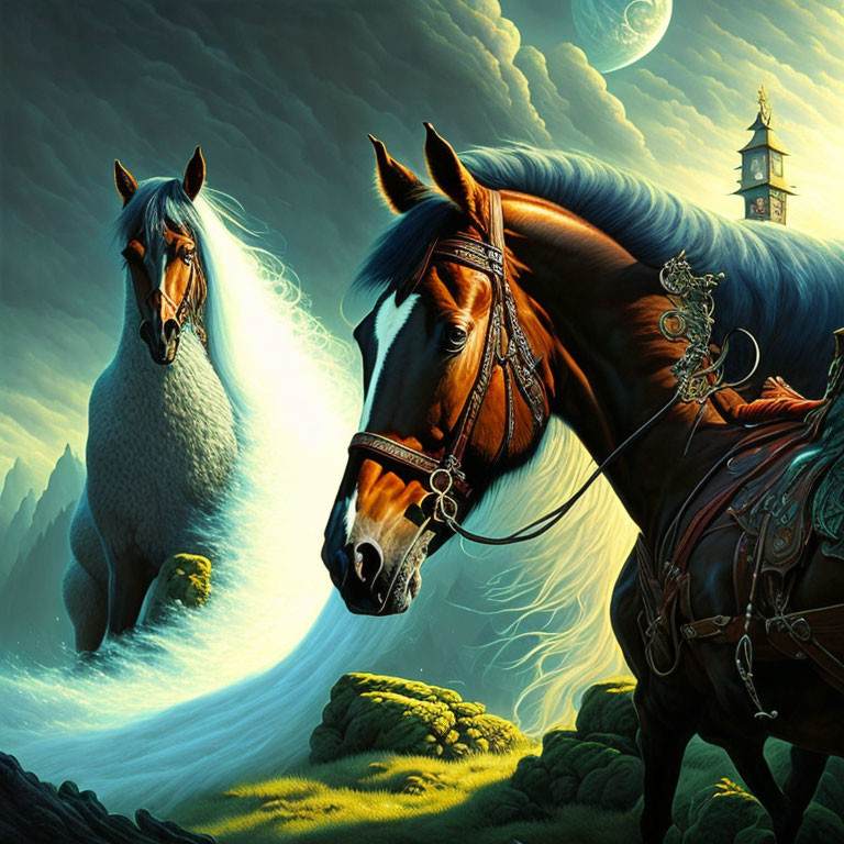 Spirited brown horse with ghostly equine figure in moonlit sky