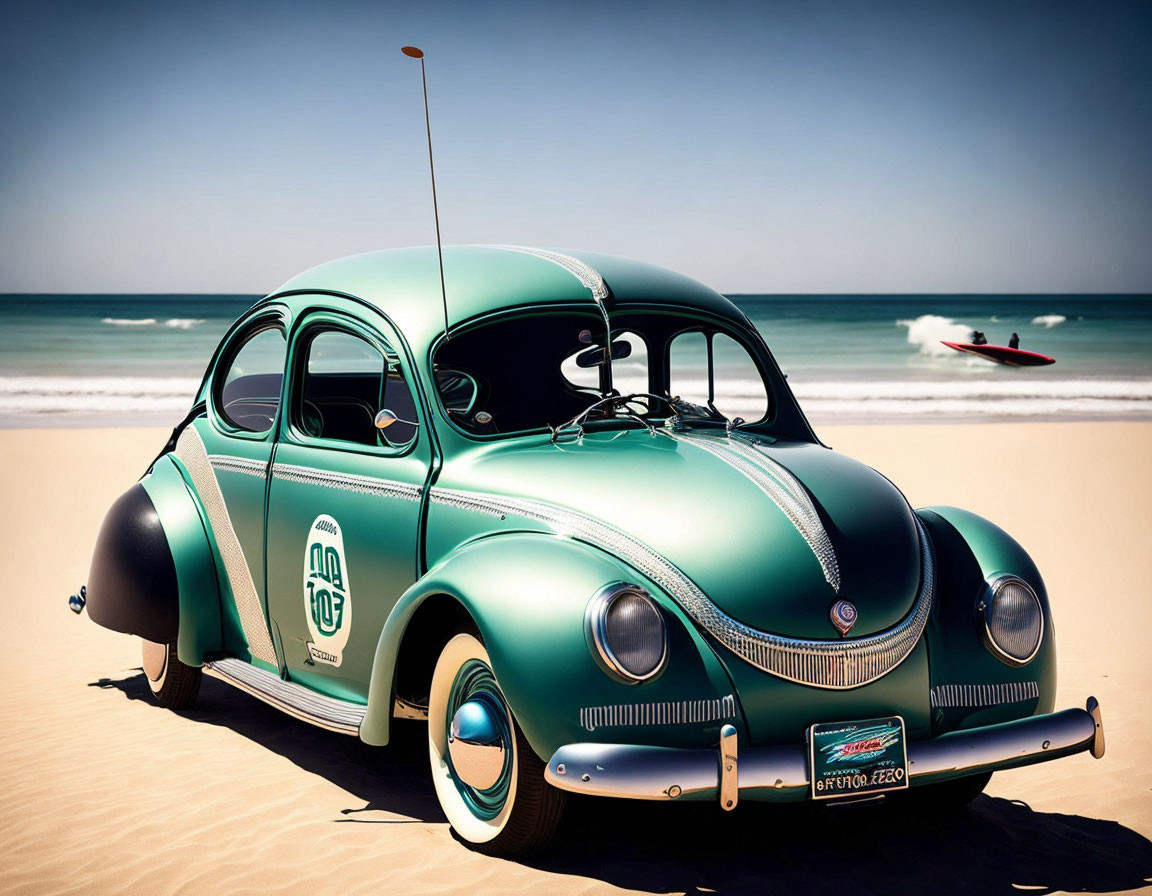 Vintage Teal Volkswagen Beetle on Sandy Beach with Surfboard and Ocean