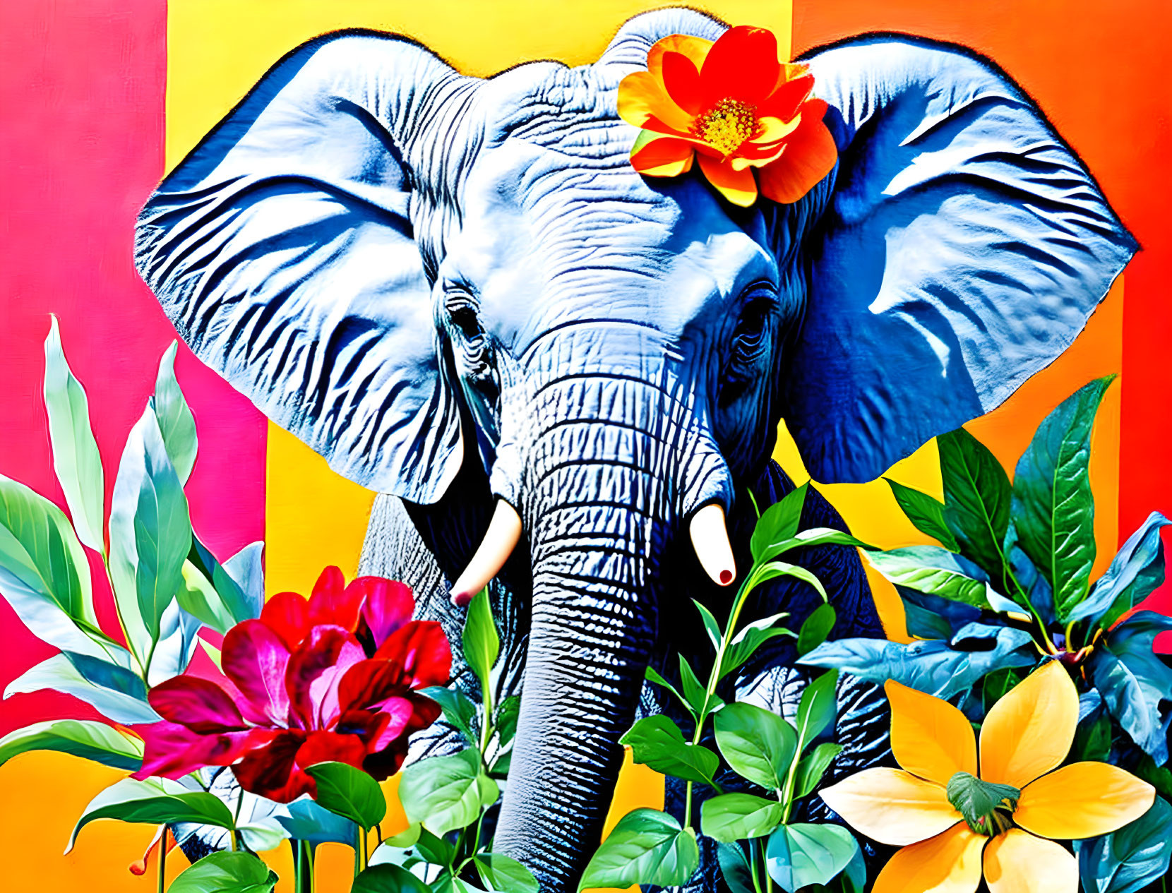 Colorful Elephant Painting with Tropical Flowers on Yellow and Red Background