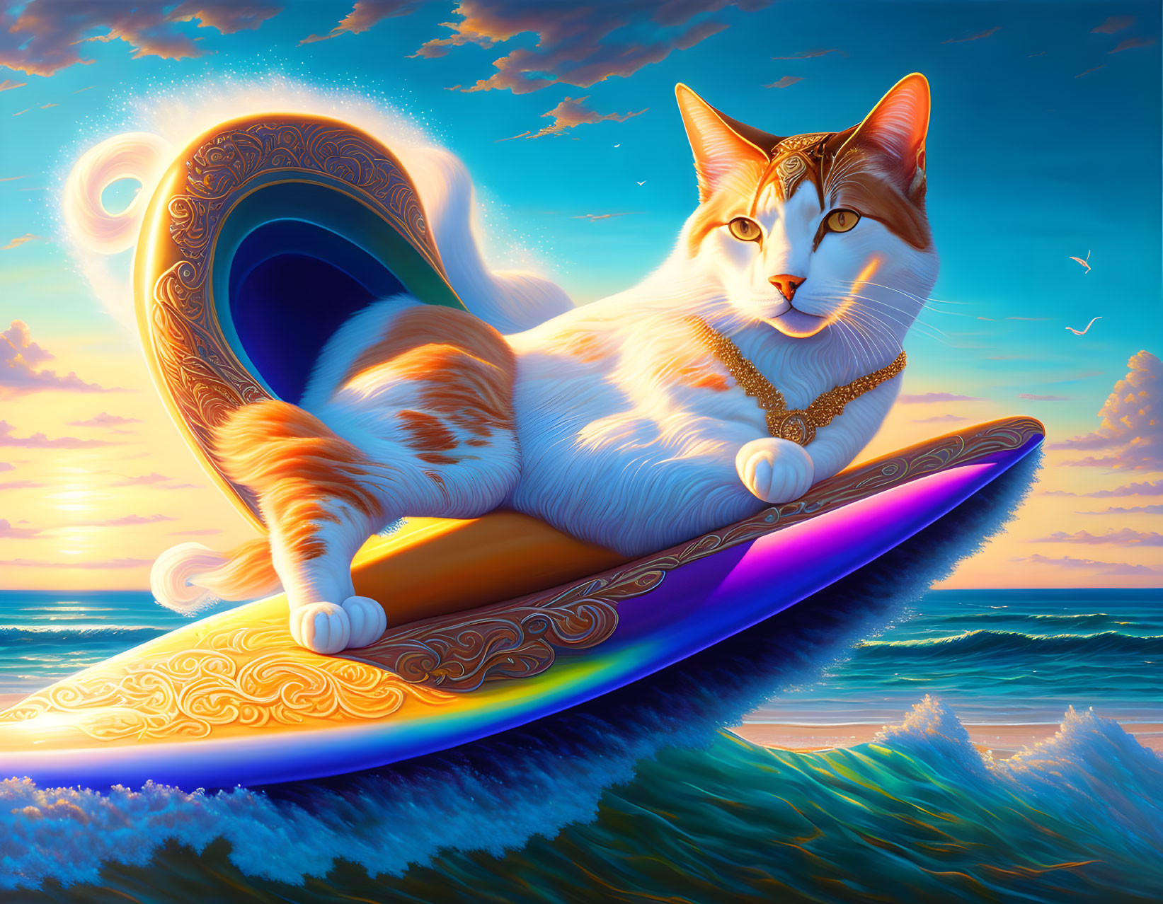 Stylized illustration of cat surfing on vibrant sunset wave